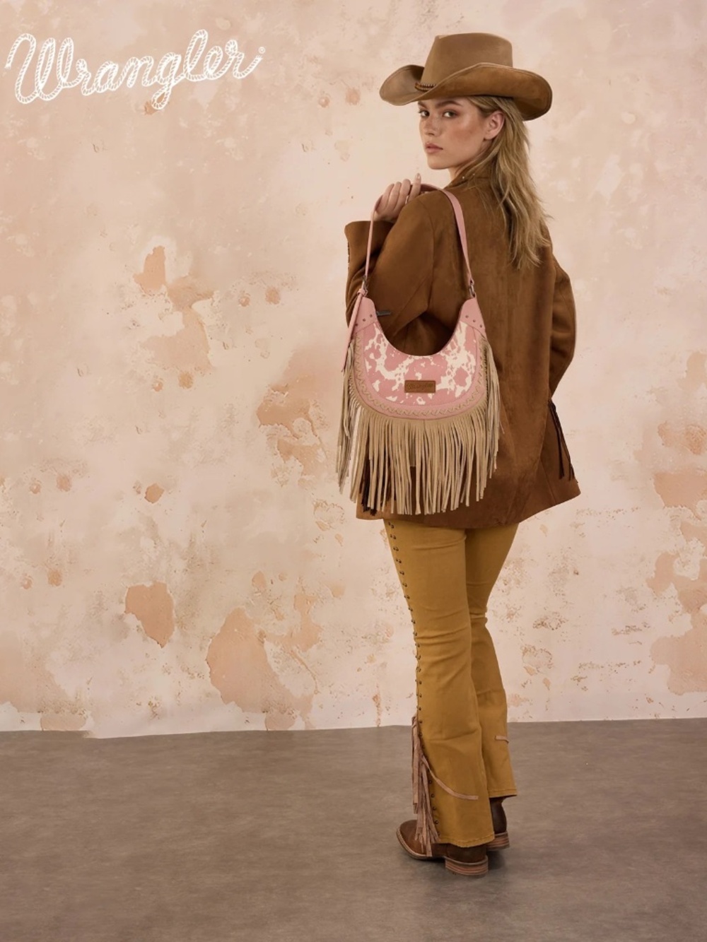 Wrangler Cow Print Fringe Shoulder Hobo Bag Dark Pink